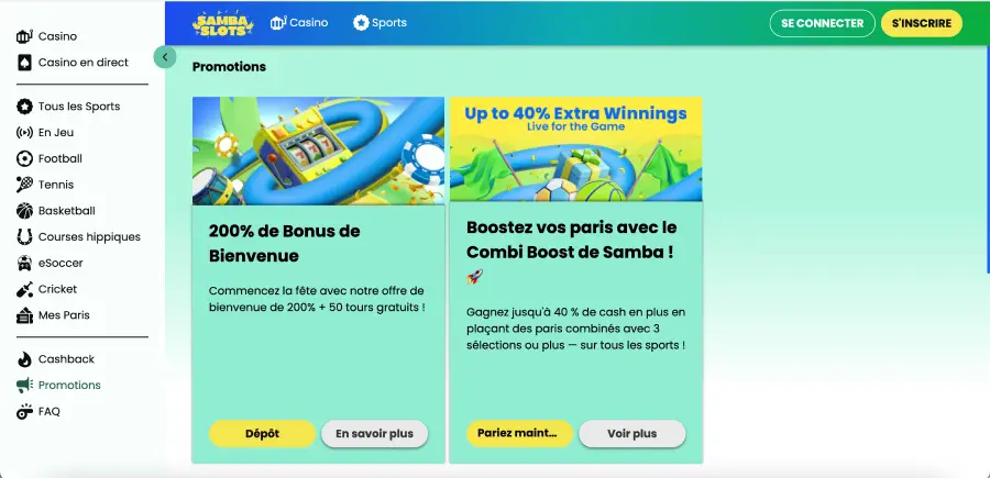 Bonus de bienvenue du casino Samba Slots jusqu’à 7 500 euros Bonus de bienvenue du casino Samba Slots jusqu’à 7 500 euros